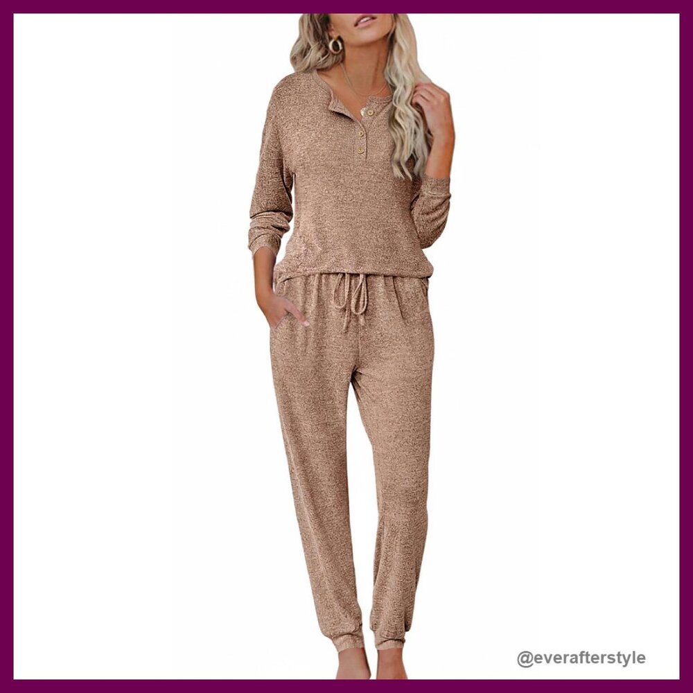 Long Sleeve Henley Pajama Set Luxe Lounge Sleepwear Classic Elegant Cozy